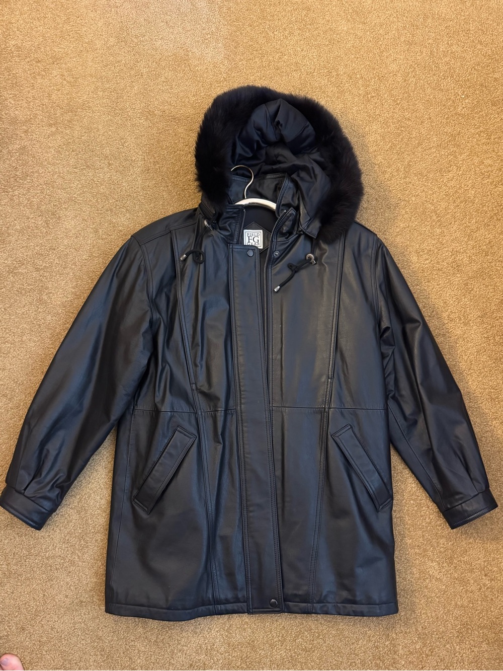 Black Women's Faux Leather Hooded Jacket with Fur Trim